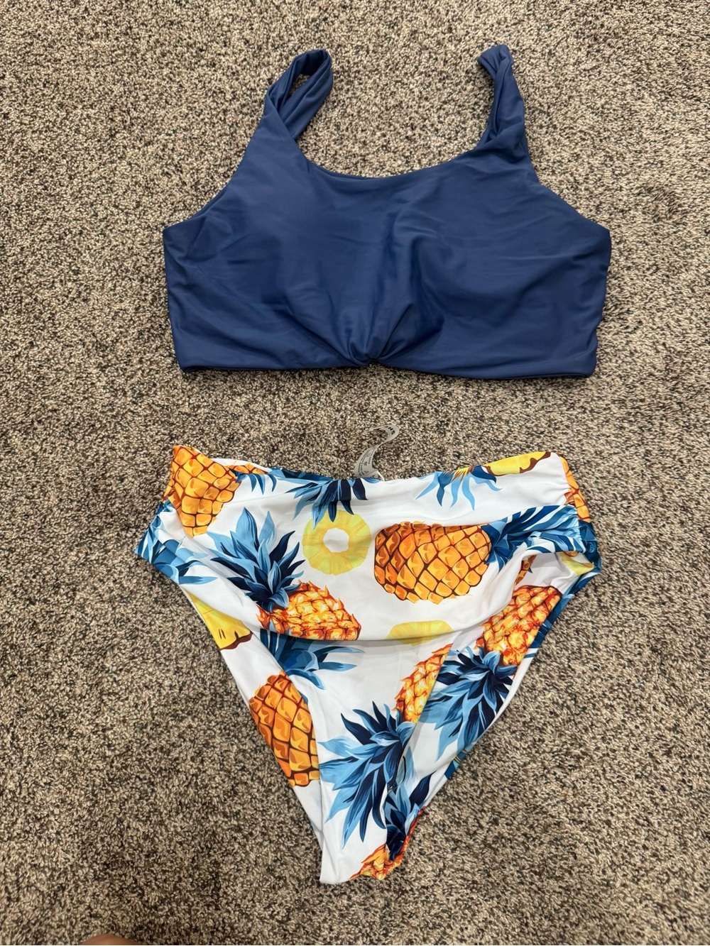 SHEIN Navy Blue Bikini Top with Pineapple Print High-Waist Bottom